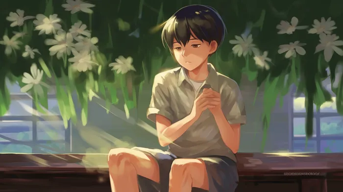 男孩坐着花树下木椅卡通插画素材(4368x2448)