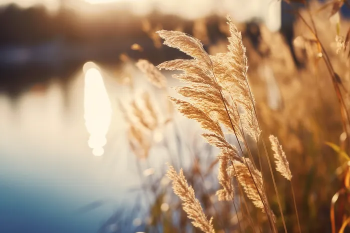 秋天夕阳下芦苇毛絮湖边摄影图(4032x2688)