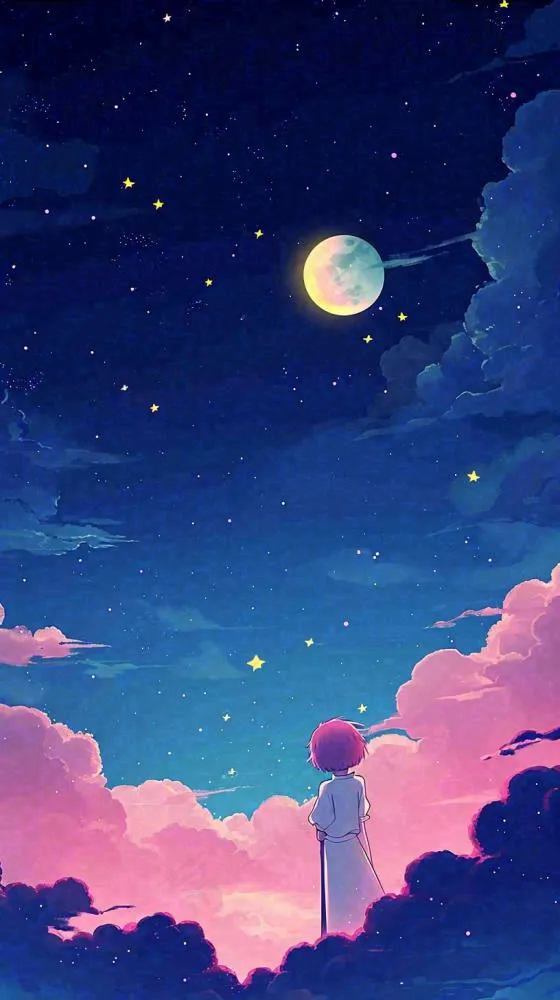闪烁夜晚浪漫少女仰望星空粉紫色，银河月亮(816x1456)