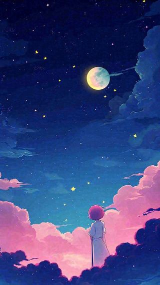 闪烁夜晚浪漫少女仰望星空粉紫色，银河月亮