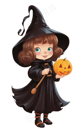 黑色女巫手拿南瓜灯万圣节卡通插画免抠