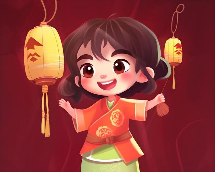 红色女孩灯笼祈福节日素材背景