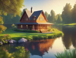 湖边木屋风景