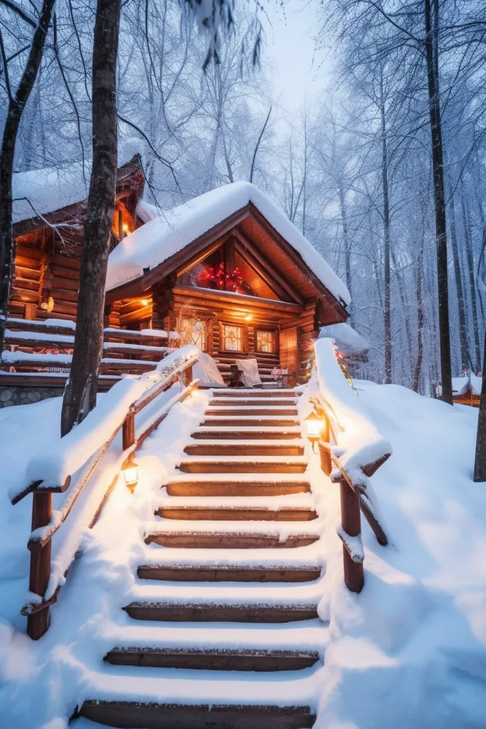 冬天雪景森林小木屋温暖摄影图(2688x4032)