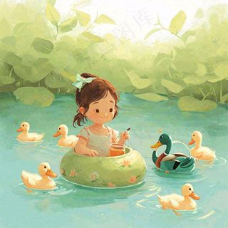 泳池游泳戏水池塘鸭子动物玩乐，阳光夏天暑期