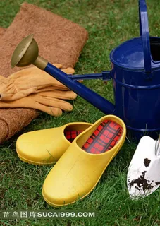 草地上的雨鞋和浇水壶图片素材