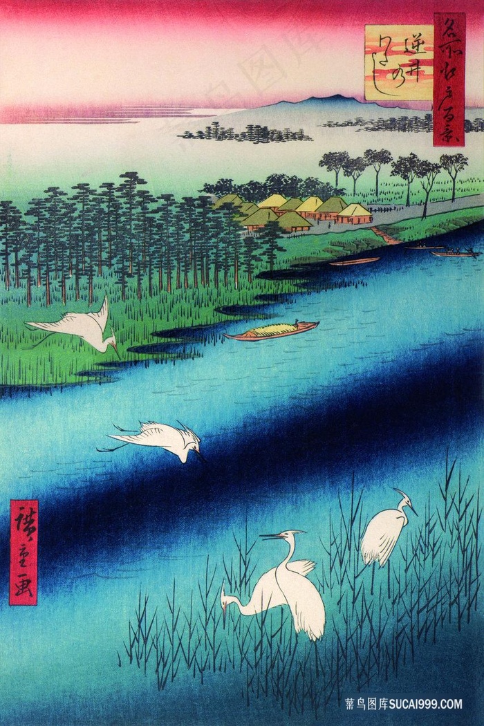 湖畔仙鹤高清风景画油画