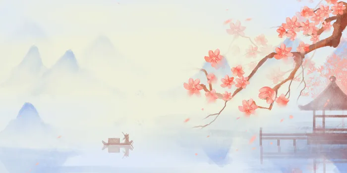 唯美春天桃花山水墨画插画海报背景