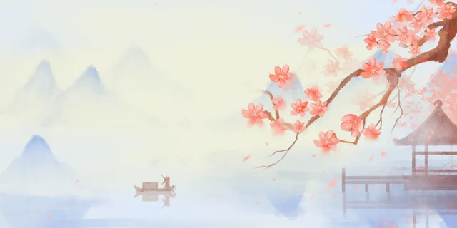 唯美春天桃花山水墨画插画海报背景 唯美春天桃花山水墨画插画海报背景