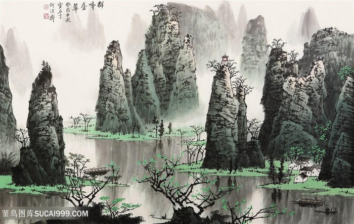 白雪石水墨山脉湖畔美景风景画