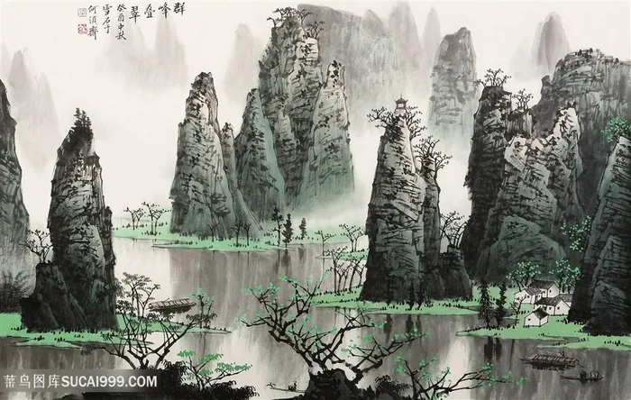 白雪石水墨山脉湖畔美景风景画
