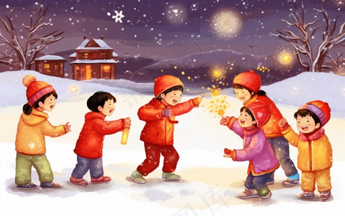 新年除夕夜烟花爆竹儿童玩乐喜庆卡通插画背景(1376x864)