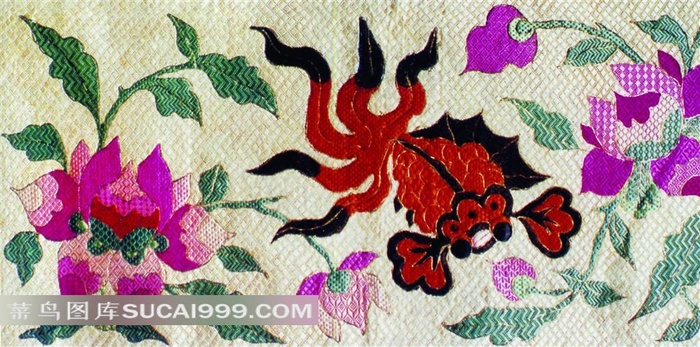 金鱼花卉刺绣图案素材