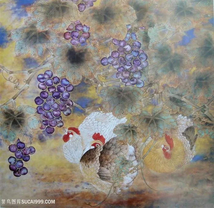 公鸡葡萄水果中式装饰画