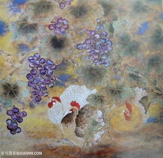 公鸡葡萄水果中式装饰画