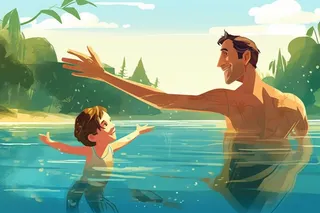 父子夏日游泳运动