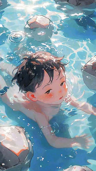 夏天儿童男孩水里游泳戏水，小暑大暑