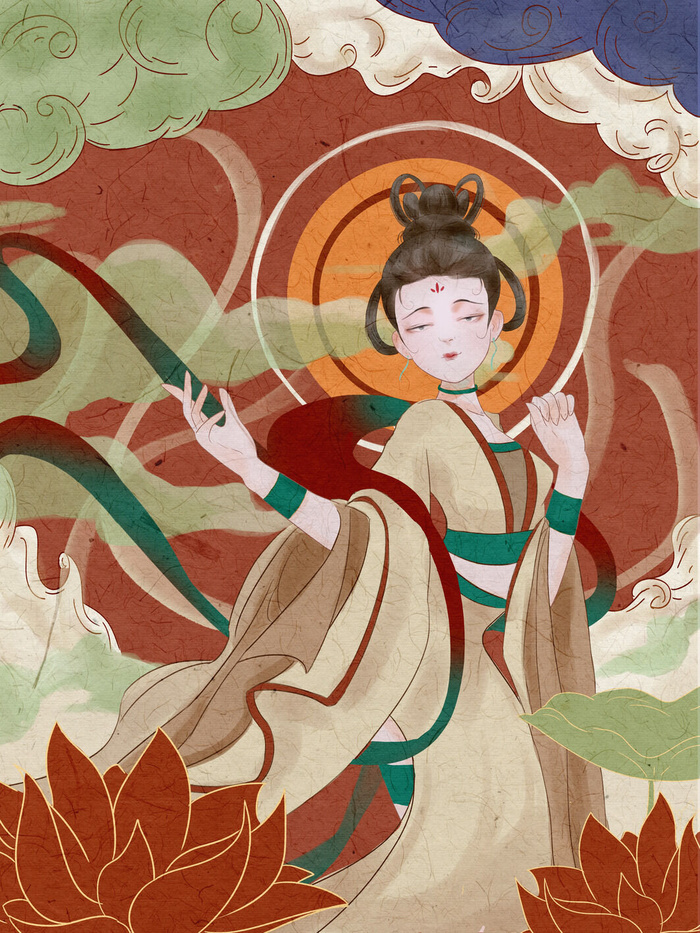 复古中国风国潮神话人物敦煌插画仙女手绘海报背景PSD设计素材
