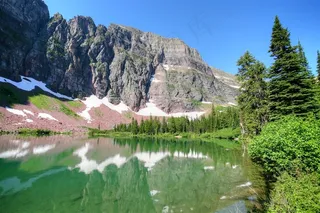 高耸峻山环绕湖水