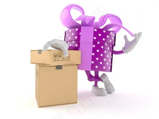 靠在包裹上的紫色礼盒高清图片