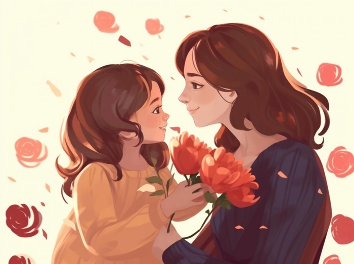 母亲节妈妈拥抱着孩子花海手绘插画素材海报背景(1264x944)