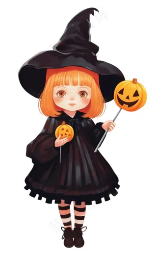 黑色女巫手拿南瓜灯万圣节卡通插画免抠