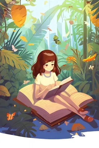 女孩在丛林氧吧读书卡通插画背景