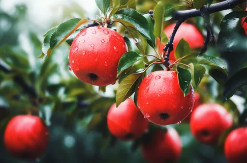 大雨中的苹果果树摄影图