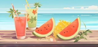海边沙滩水果西瓜饮料背景