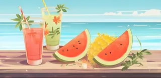 海边沙滩水果西瓜饮料背景