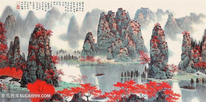 白雪石工笔画湖畔山脉高清装饰画