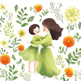 母亲节妈妈拥抱着孩子花海手绘插画素材海报背景