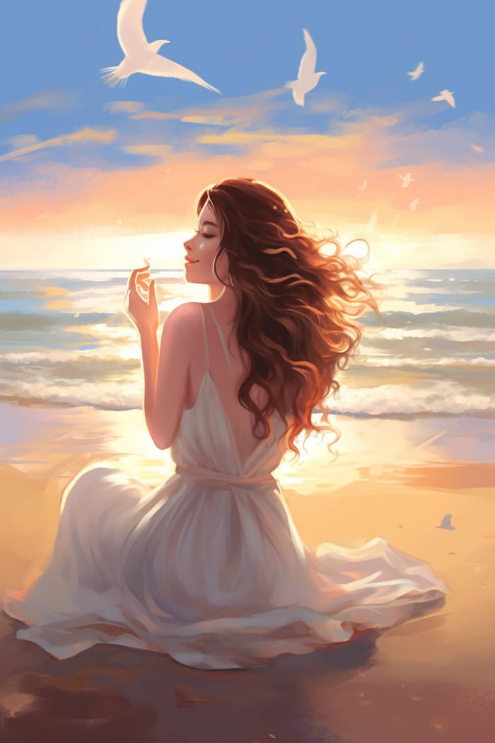 夕阳下少女坐着沙滩上海浪海鸥插画素材背景(x)