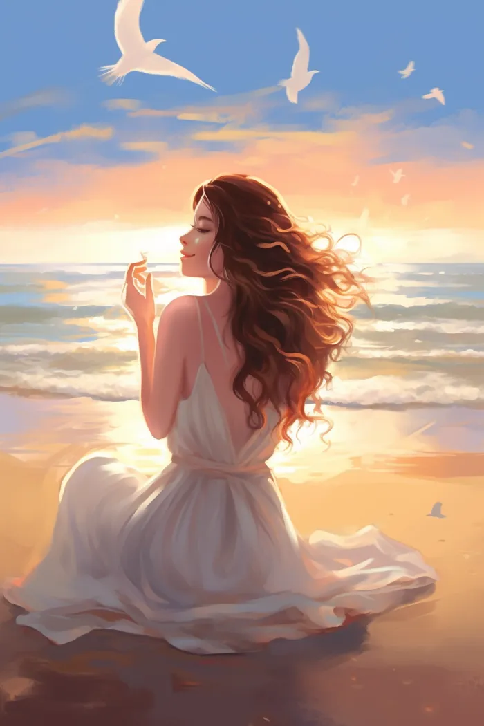 夕阳下少女坐着沙滩上海浪海鸥插画素材背景(x)