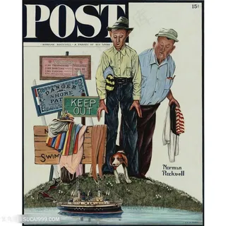 诺曼 · 洛克威尔手绘戴帽子工人湖畔插画