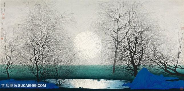 薛亮水墨风景画明月湖畔树枝装饰画