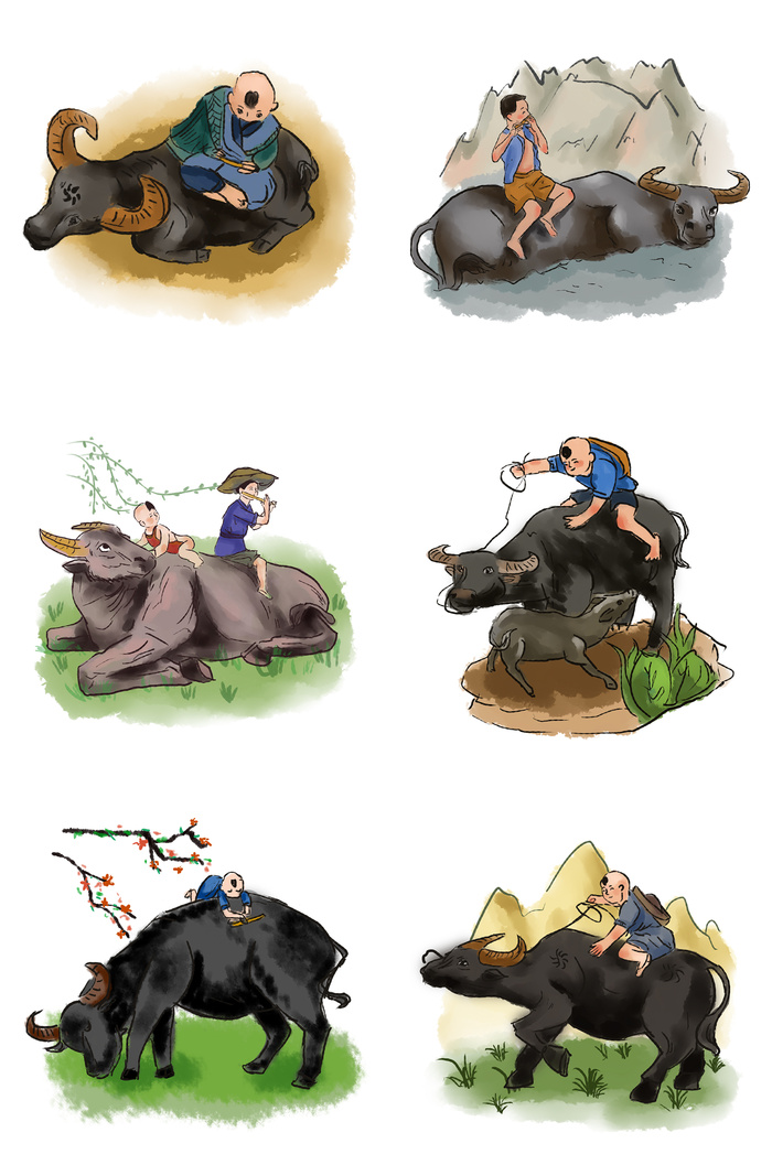 清明清明节卡通牧童合集元素