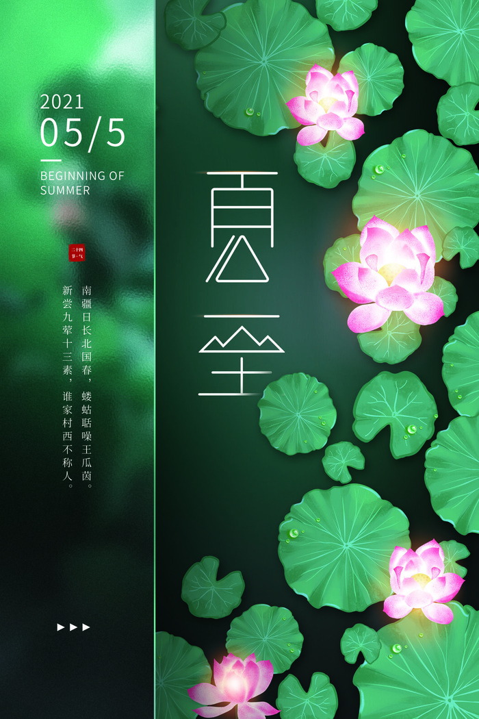 蓝色手绘荷花小清新夏至日节日海报