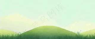 春天手绘绿色山坡春分，踏青，春游