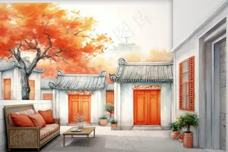 秋季胡同里古代建筑庭院水彩画水墨画素材