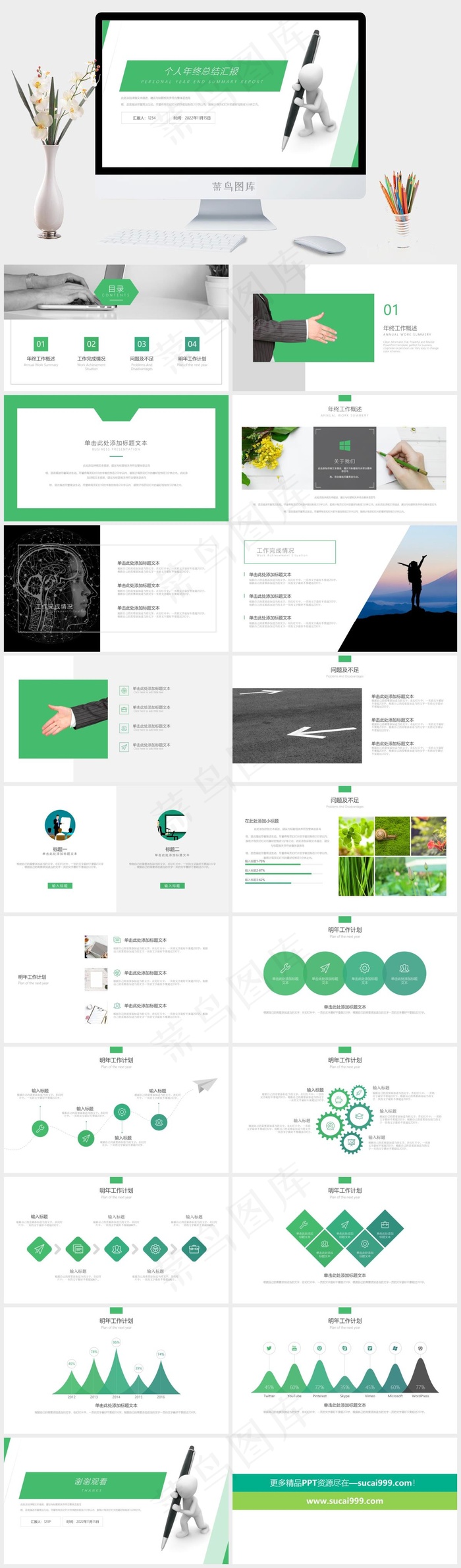 简约小清新绿扁平几何风个人年终总结报告ppt模板