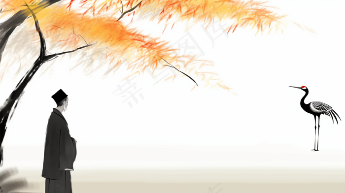 中国风僧人白鹤水墨画插画(4368x2448)