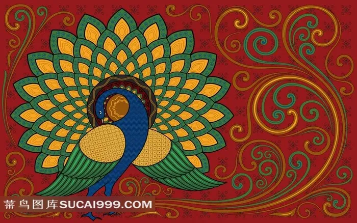 孔雀印花布纹背景素材