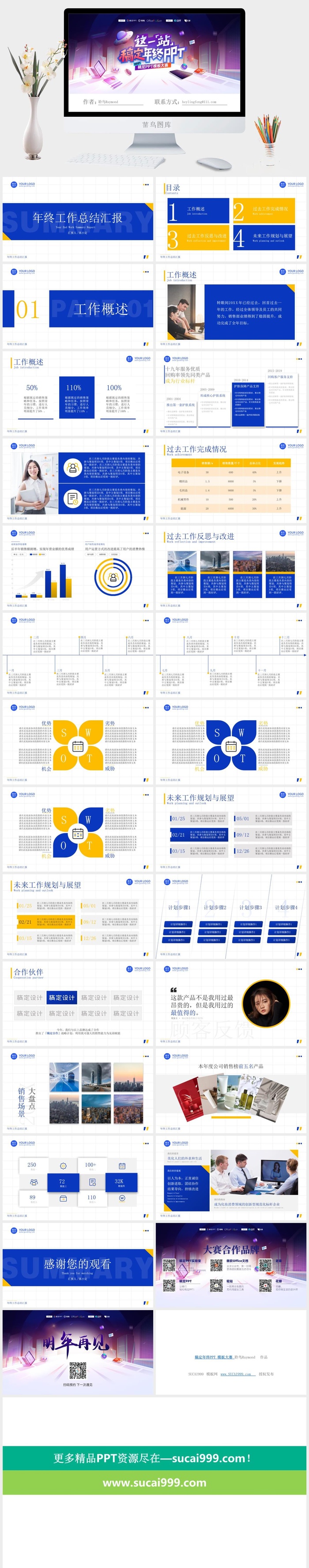 扁平简洁蓝黄商务年终工作总结汇报ppt模板