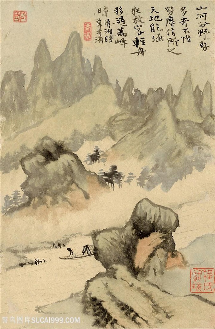 清代画家石濤山水图山间放舟国画图片