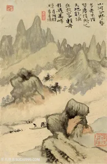清代画家石濤山水图山间放舟国画图片
