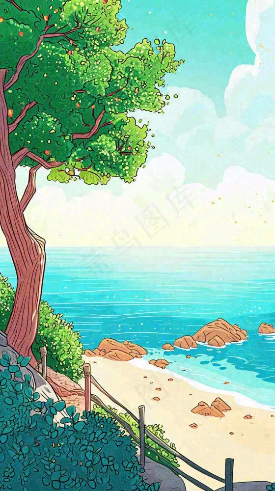 海边沙滩玩耍旅行夏日假期游玩手绘插画，可爱清新，夏至小暑大暑(816x1456)