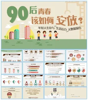 90后青春该如何安放——年轻人生存与生活压力大数据报告卡通ppt模板