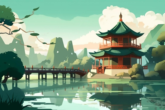 国潮山水亭子绿色中国风背景