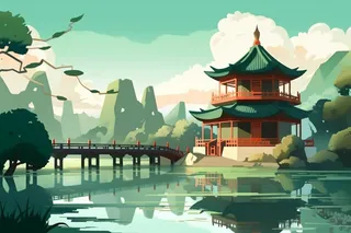 国潮山水亭子绿色中国风背景